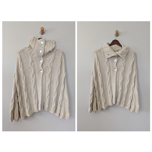 Indigenous Sweaters - Vintage Hand Loomed Poncho Cape Sweater Cottage Organic Cotton Silk Cable Knit